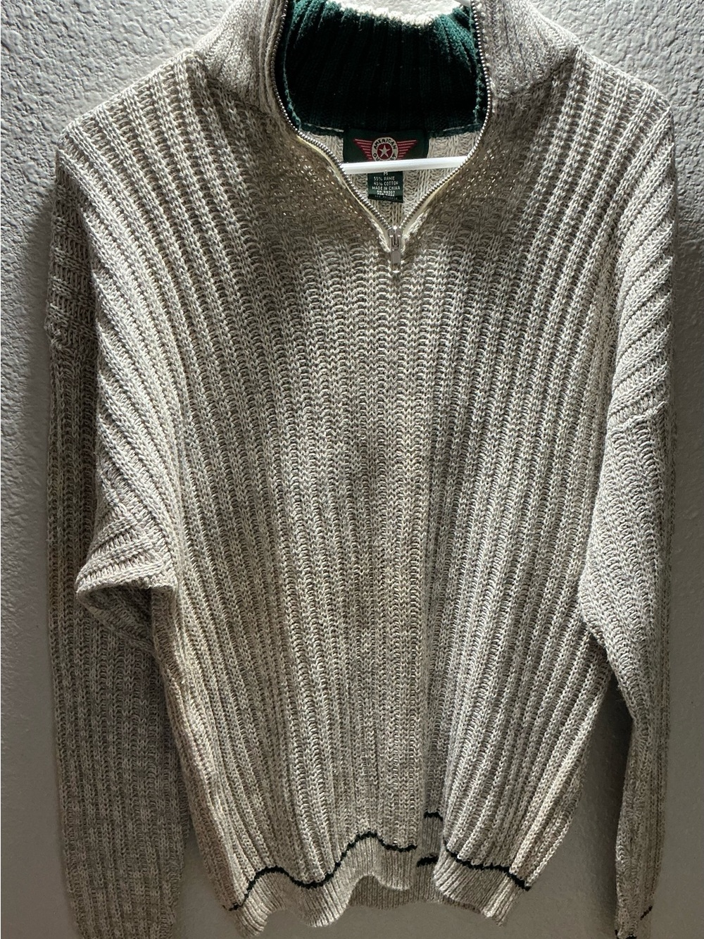 Men's Zip-Up Ribbed Sweater in Cream with Contrast Trim